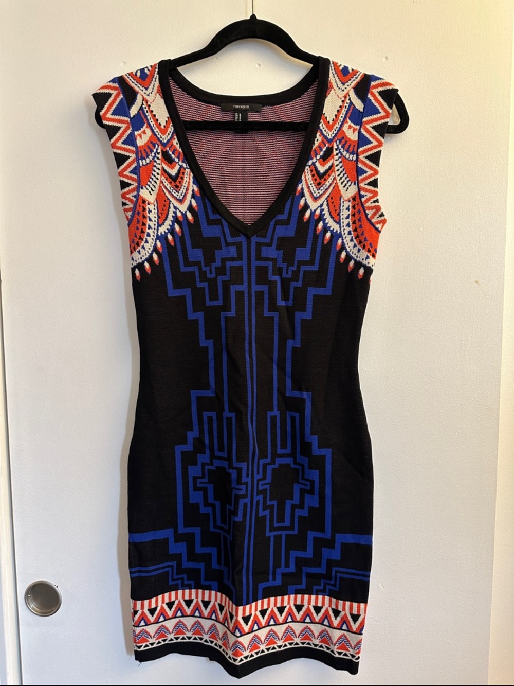 Black bodycon Dress with Blue and Red-Orange Tribal Accents